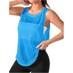 imageOYOANGLE Womens Sheer Sleeveless Crew Neck Sports Tank Top Sleeveless Athletic Workout ShirtsBlue