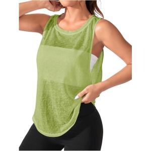 imageOYOANGLE Womens Sheer Sleeveless Crew Neck Sports Tank Top Sleeveless Athletic Workout ShirtsLime Green