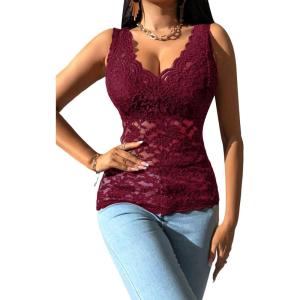 imageOYOANGLE Womens Sleeveless Mesh Floral Lace Scallop V Neck Backless Tank Top BlouseBurgundy