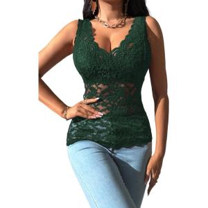 imageOYOANGLE Womens Sleeveless Mesh Floral Lace Scallop V Neck Backless Tank Top BlouseDark Green