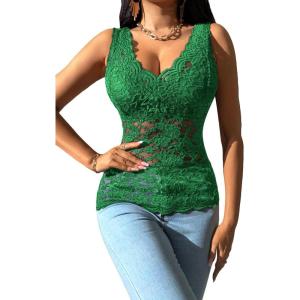 imageOYOANGLE Womens Sleeveless Mesh Floral Lace Scallop V Neck Backless Tank Top BlouseGreen Solid