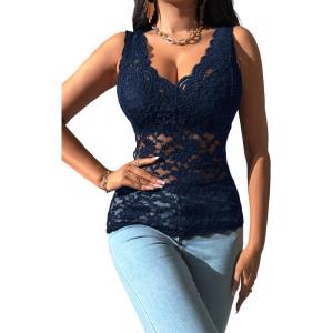 imageOYOANGLE Womens Sleeveless Mesh Floral Lace Scallop V Neck Backless Tank Top BlouseNavy Blue