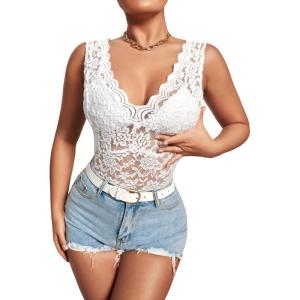 imageOYOANGLE Womens Sleeveless Mesh Floral Lace Scallop V Neck Backless Tank Top BlouseWhite Solid