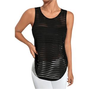 imageOYOANGLE Womens Striped Sheer Sports Tank Top Sleeveless Athletic Shirts Active Gym Tops ActivewearBlack