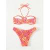 imageOYOANGLE Womens 2 Piece Color Block Bikini Sets Textured Cut Out Ruched Halter Swimsuits High Cut Bathing SuitsMulticolor