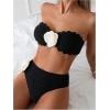 imageOYOANGLE Womens 2 Piece Strapless Bikini Sets 3D Floral Scallop Trim Tie Back Low Rise Bathing Suit Textured SwimsuitsBlack