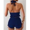 imageOYOANGLE Womens 2 Piece Tankini Set Two Piece Ruffle Bathing Suits Ruched Halter Swimsuits with ShortsDeep Blue