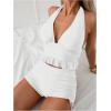 imageOYOANGLE Womens 2 Piece Tankini Set Two Piece Ruffle Bathing Suits Ruched Halter Swimsuits with ShortsWhite