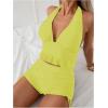 imageOYOANGLE Womens 2 Piece Tankini Set Two Piece Ruffle Bathing Suits Ruched Halter Swimsuits with ShortsYellow