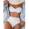 imageOYOANGLE Womens 3D Flower Ruched Strapless Bandeau Swimsuit Two Piece Mid Rise Bathing SuitsWhite
