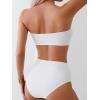 imageOYOANGLE Womens 3D Flower Ruched Strapless Bandeau Swimsuit Two Piece Mid Rise Bathing SuitsWhite
