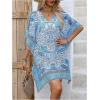 imageOYOANGLE Womens All Over Print Swimsuit Coverups V Neck Dolman Sleeve Loose Cover Up Beach DressBlue