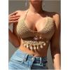 imageOYOANGLE Womens Crochet Hollow Out Beach Cover Up Top Shell Decor Halter Swim Coverups SwimwearKhaki