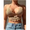 imageOYOANGLE Womens Crochet Hollow Out Beach Cover Up Top Shell Decor Halter Swim Coverups SwimwearKhaki