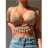 imageOYOANGLE Womens Crochet Hollow Out Beach Cover Up Top Shell Decor Halter Swim Coverups SwimwearKhaki