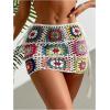imageOYOANGLE Womens Floral Crochet Skirt Color Block Drawstring Side High Waist Mini Cover UpsWhite and Green