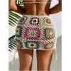 imageOYOANGLE Womens Floral Crochet Skirt Color Block Drawstring Side High Waist Mini Cover UpsWhite and Green
