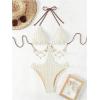 imageOYOANGLE Womens Ring Linked Cut Out One Piece Swimsuits Textured Tie Backless Halter Bathing Suit MonokiniBeige