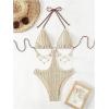 imageOYOANGLE Womens Ring Linked Cut Out One Piece Swimsuits Textured Tie Backless Halter Bathing Suit MonokiniKhaki