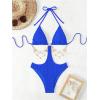 imageOYOANGLE Womens Ring Linked Cut Out One Piece Swimsuits Textured Tie Backless Halter Bathing Suit MonokiniRoyal Blue