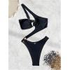 imageOYOANGLE Womens Ring Linked Cut Out One Shoulder One Piece Swimsuit High Cut Bathing SuitsBlack