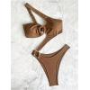 imageOYOANGLE Womens Ring Linked Cut Out One Shoulder One Piece Swimsuit High Cut Bathing SuitsBrown