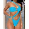 imageOYOANGLE Womens Ring Linked Cut Out One Shoulder One Piece Swimsuit High Cut Bathing SuitsLight Blue