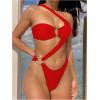imageOYOANGLE Womens Ring Linked Cut Out One Shoulder One Piece Swimsuit High Cut Bathing SuitsRed
