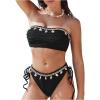 imageOYOANGLE Womens 2 Piece Strapless Bandeau Swimsuit Textured Shell Decor Tie Side Bikini SetBlack