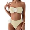imageOYOANGLE Womens 2 Piece Strapless Bikini Sets 3D Floral Scallop Trim Tie Back Low Rise Bathing Suit Textured SwimsuitsBeige