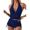 imageOYOANGLE Womens 2 Piece Tankini Set Two Piece Ruffle Bathing Suits Ruched Halter Swimsuits with ShortsDeep Blue