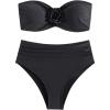 imageOYOANGLE Womens 3D Flower Ruched Strapless Bandeau Swimsuit Two Piece Mid Rise Bathing SuitsBlack Solid