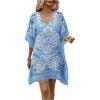 imageOYOANGLE Womens All Over Print Swimsuit Coverups V Neck Dolman Sleeve Loose Cover Up Beach DressBlue