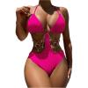 imageOYOANGLE Womens Ring Linked Cut Out One Piece Swimsuits Textured Tie Backless Halter Bathing Suit MonokiniHot Pink
