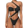 imageOYOANGLE Womens Ring Linked Cut Out One Shoulder One Piece Swimsuit High Cut Bathing SuitsBlack