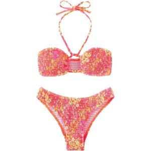 imageOYOANGLE Womens 2 Piece Color Block Bikini Sets Textured Cut Out Ruched Halter Swimsuits High Cut Bathing SuitsMulticolor