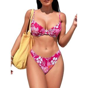 imageOYOANGLE Womens 2 Piece Floral Print Bikini Sets Spaghetti Strap Underwire Backless High Cut Bathing SuitsPink