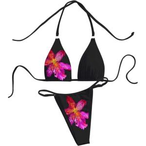 imageOYOANGLE Womens 2 Piece Floral Print Swimsuit Halter Triangle Bikini Top and Thongs Bathing SuitsBlack