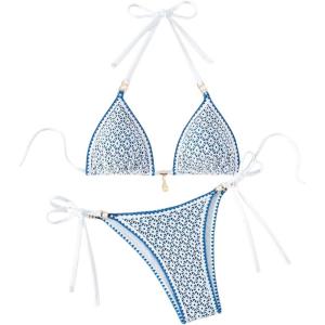 imageOYOANGLE Womens 2 Piece Halter Bikini Sets Floral Print Triangle Backless Tie Side High Cut SwimsuitsBlue and White