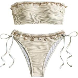 imageOYOANGLE Womens 2 Piece Strapless Bandeau Swimsuit Textured Shell Decor Tie Side Bikini SetApricot