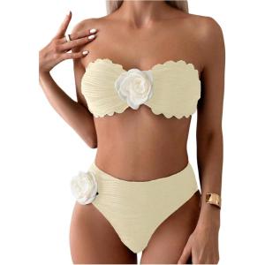 imageOYOANGLE Womens 2 Piece Strapless Bikini Sets 3D Floral Scallop Trim Tie Back Low Rise Bathing Suit Textured SwimsuitsBeige