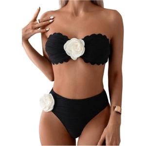 imageOYOANGLE Womens 2 Piece Strapless Bikini Sets 3D Floral Scallop Trim Tie Back Low Rise Bathing Suit Textured SwimsuitsBlack