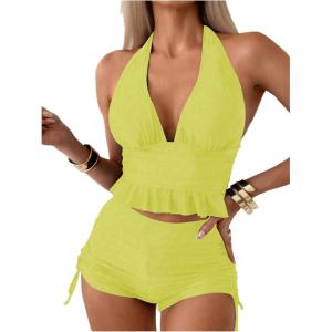 imageOYOANGLE Womens 2 Piece Tankini Set Two Piece Ruffle Bathing Suits Ruched Halter Swimsuits with ShortsYellow