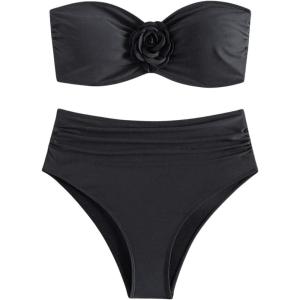 imageOYOANGLE Womens 3D Flower Ruched Strapless Bandeau Swimsuit Two Piece Mid Rise Bathing SuitsBlack Solid