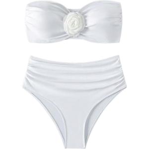 imageOYOANGLE Womens 3D Flower Ruched Strapless Bandeau Swimsuit Two Piece Mid Rise Bathing SuitsWhite