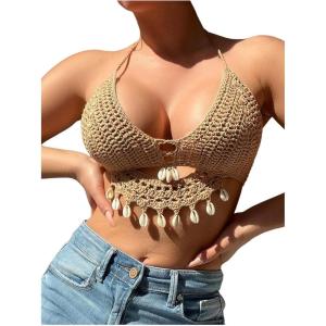 imageOYOANGLE Womens Crochet Hollow Out Beach Cover Up Top Shell Decor Halter Swim Coverups SwimwearKhaki