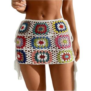 imageOYOANGLE Womens Floral Crochet Skirt Color Block Drawstring Side High Waist Mini Cover UpsWhite and Green
