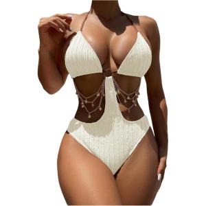 imageOYOANGLE Womens Ring Linked Cut Out One Piece Swimsuits Textured Tie Backless Halter Bathing Suit MonokiniBeige