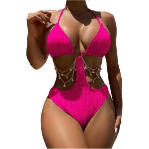 imageOYOANGLE Womens Ring Linked Cut Out One Piece Swimsuits Textured Tie Backless Halter Bathing Suit MonokiniHot Pink