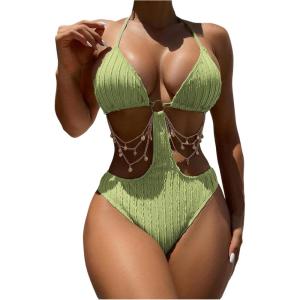 imageOYOANGLE Womens Ring Linked Cut Out One Piece Swimsuits Textured Tie Backless Halter Bathing Suit MonokiniMint Green